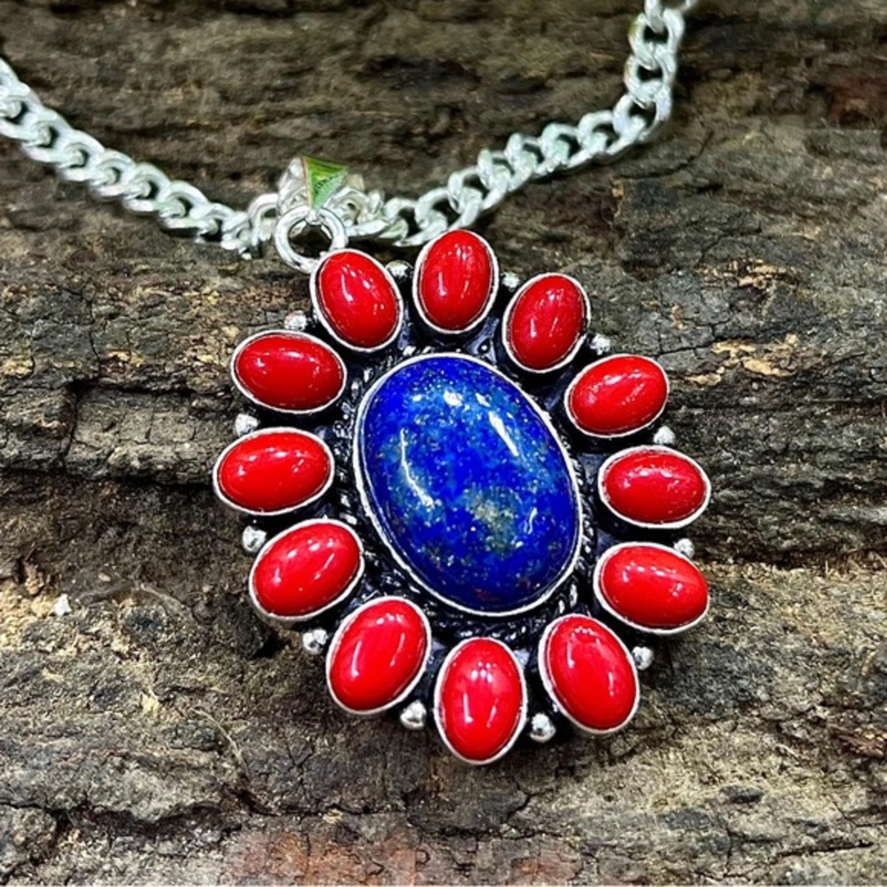 Stunning Lapis Lazuli and Red Coral Gemstone pendant.